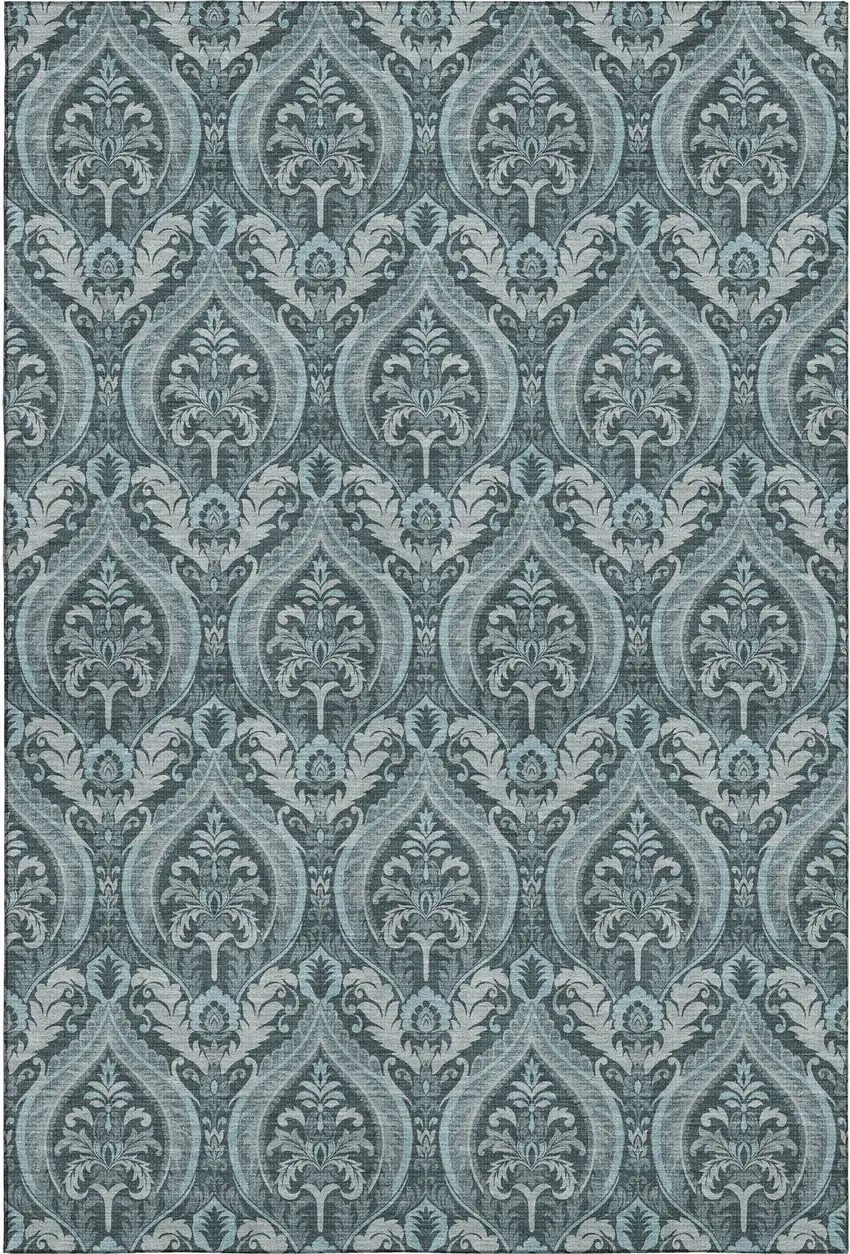 Teal And Ivory Floral Washable Area Rug With UV Protection Photo 6
