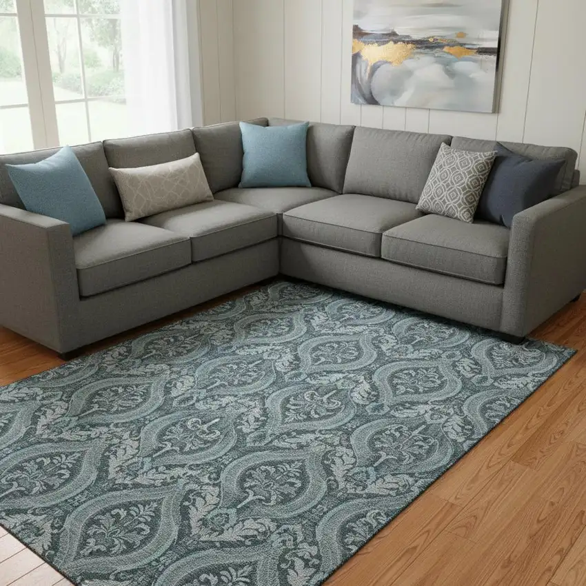 Teal And Ivory Floral Washable Area Rug With UV Protection Photo 1