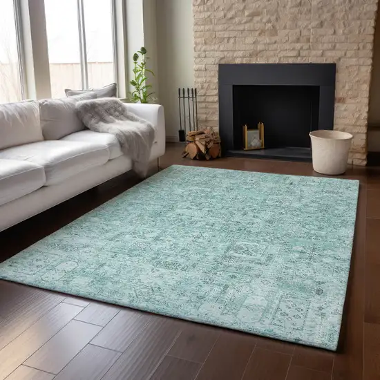Teal And Ivory Floral Washable Area Rug With UV Protection Photo 5