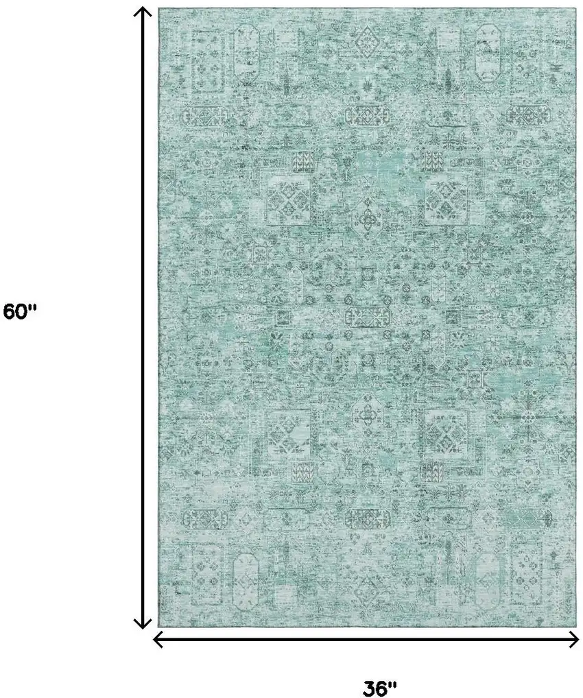 Teal And Ivory Floral Washable Area Rug With UV Protection Photo 3