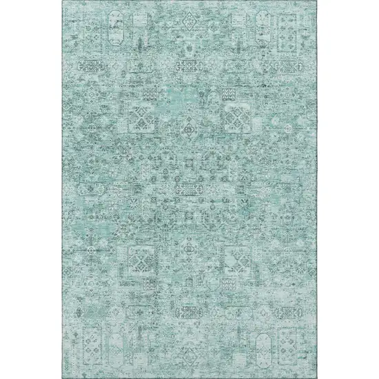 Teal And Ivory Floral Washable Area Rug With UV Protection Photo 3