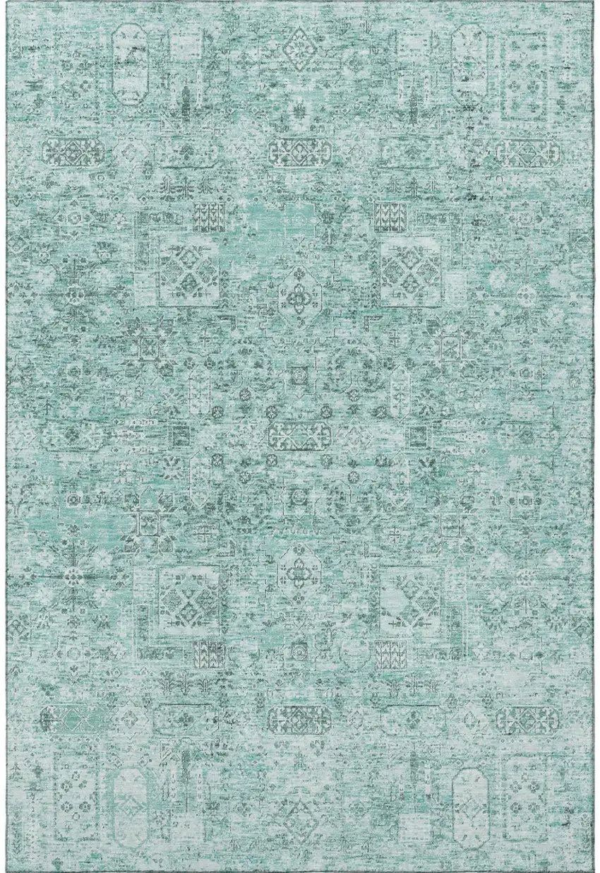 Teal And Ivory Floral Washable Area Rug With UV Protection Photo 3