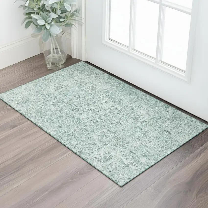 Teal And Ivory Floral Washable Area Rug With UV Protection Photo 1