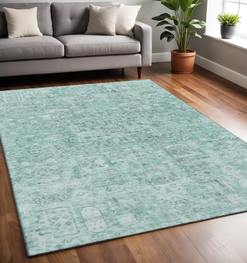 Teal And Ivory Floral Washable Area Rug With UV Protection Photo 2