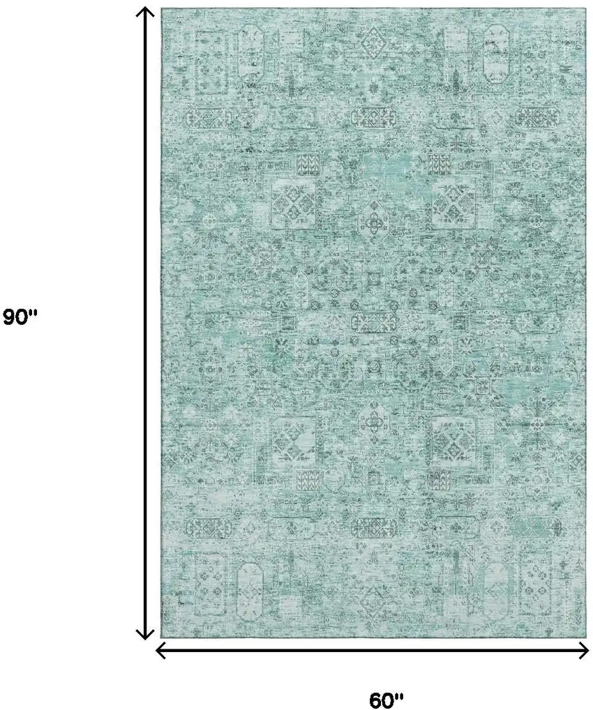 Teal And Ivory Floral Washable Area Rug With UV Protection Photo 3