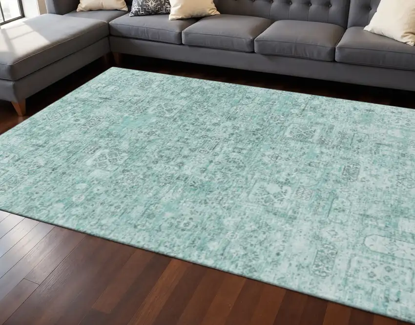 Teal And Ivory Floral Washable Area Rug With UV Protection Photo 2