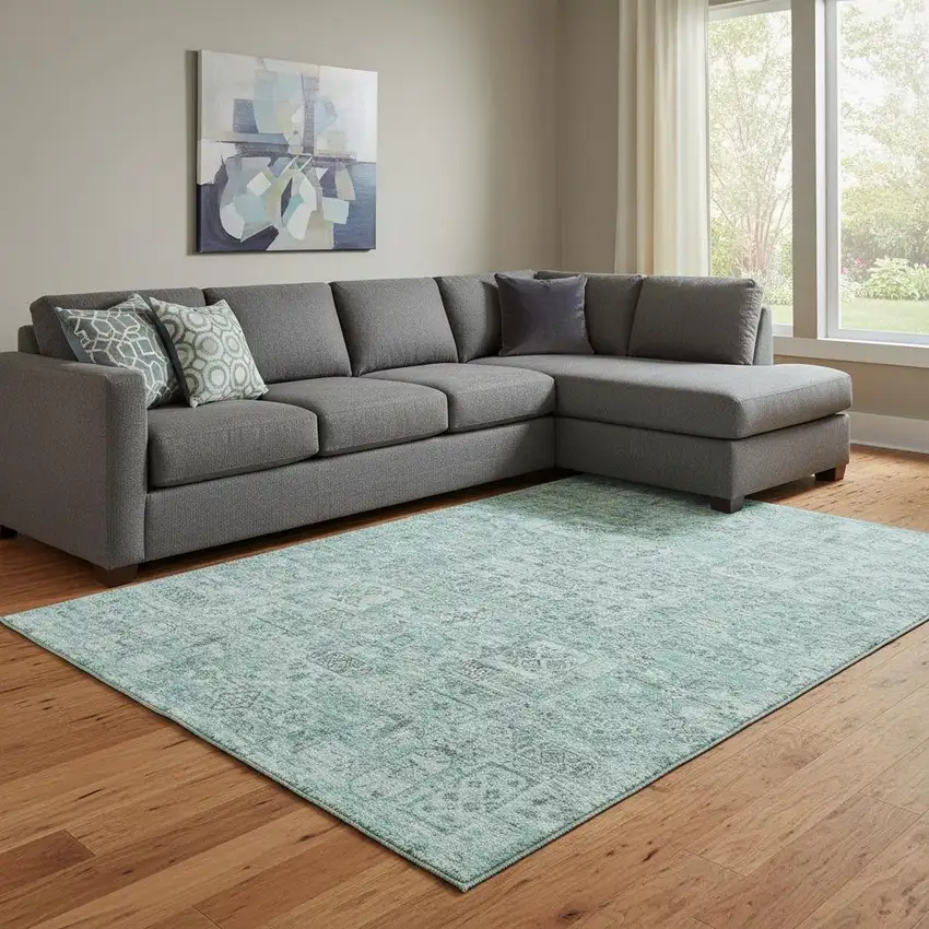 Teal And Ivory Floral Washable Area Rug With UV Protection Photo 1