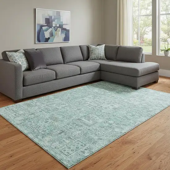 Teal And Ivory Floral Washable Area Rug With UV Protection Photo 1