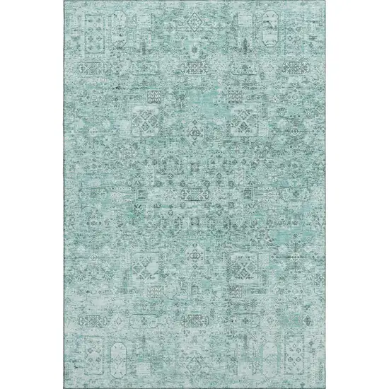 Teal And Ivory Floral Washable Area Rug With UV Protection Photo 1
