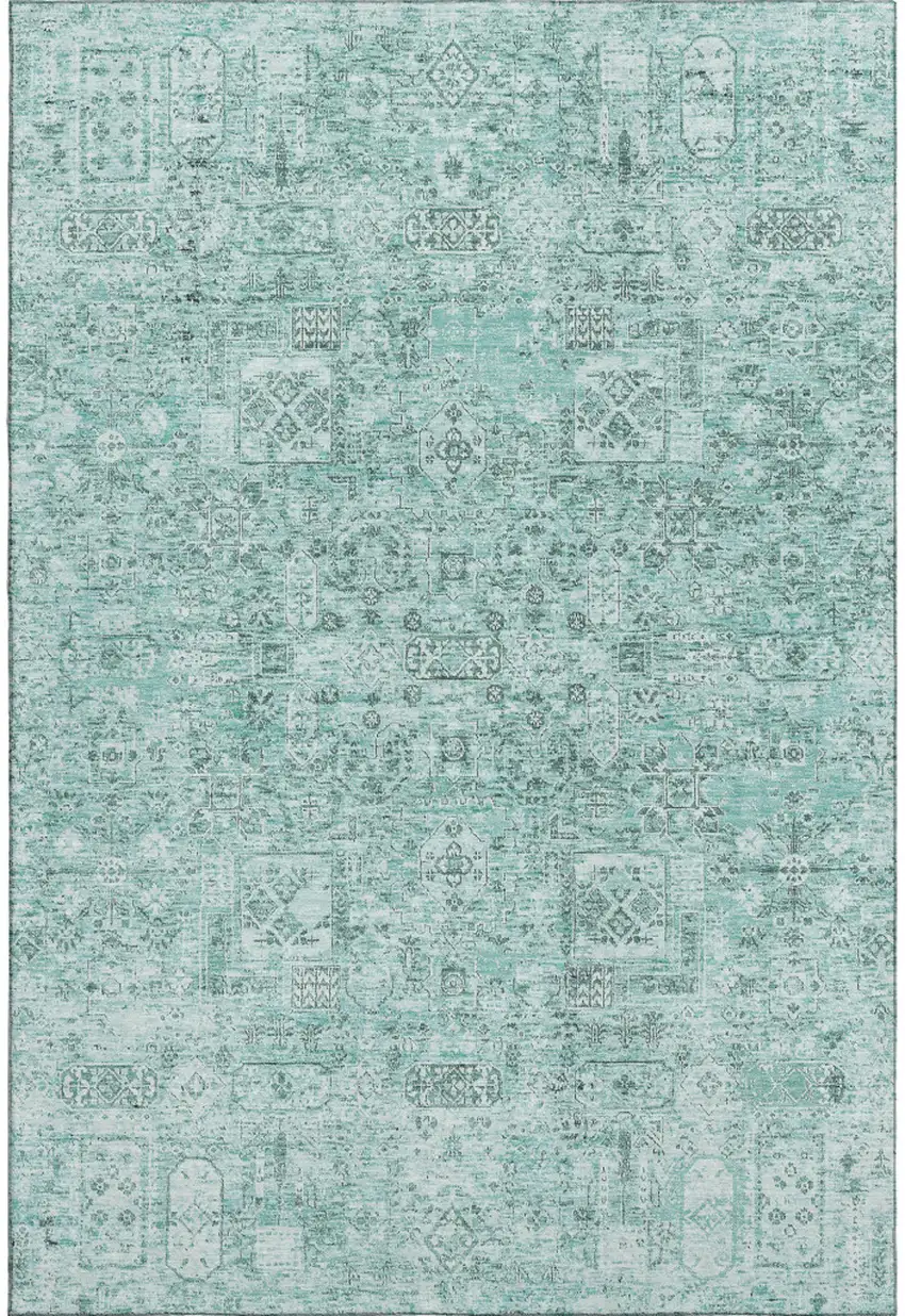 Teal And Ivory Floral Washable Area Rug With UV Protection Photo 1