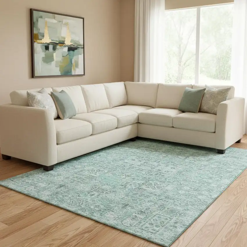 Teal And Ivory Floral Washable Area Rug With UV Protection Photo 1
