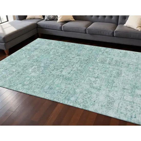 Teal And Ivory Floral Washable Area Rug With UV Protection Photo 2