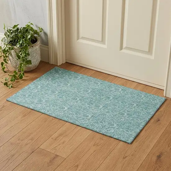 Teal And Ivory Floral Washable Area Rug With UV Protection Photo 1