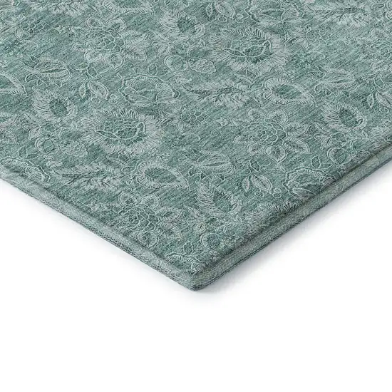 Teal And Ivory Floral Washable Area Rug With UV Protection Photo 7