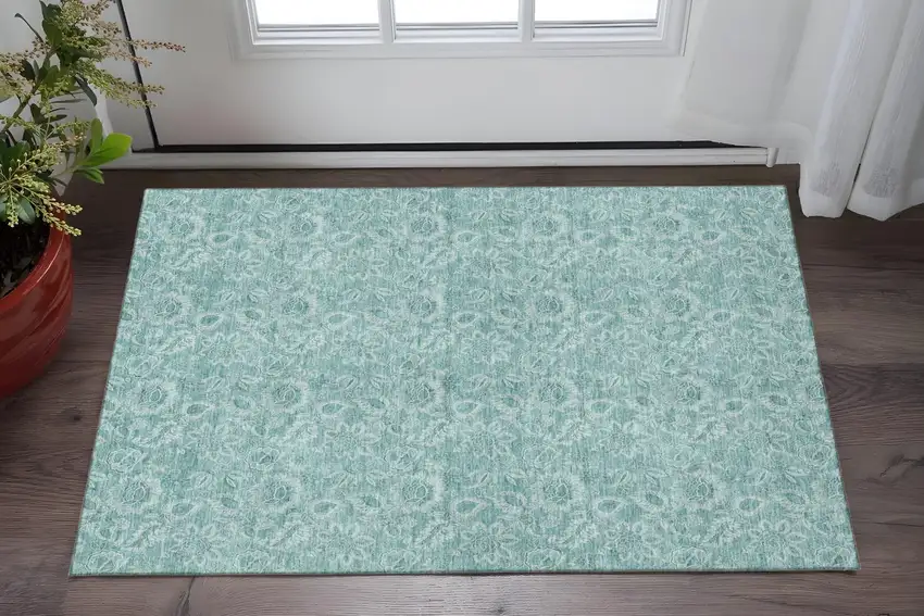 Teal And Ivory Floral Washable Area Rug With UV Protection Photo 2