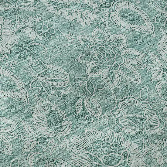 Teal And Ivory Floral Washable Area Rug With UV Protection Photo 9