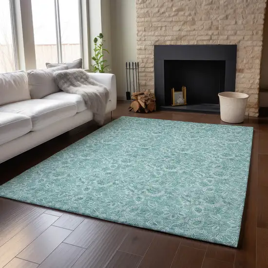 Teal And Ivory Floral Washable Area Rug With UV Protection Photo 5