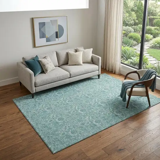 Teal And Ivory Floral Washable Area Rug With UV Protection Photo 1