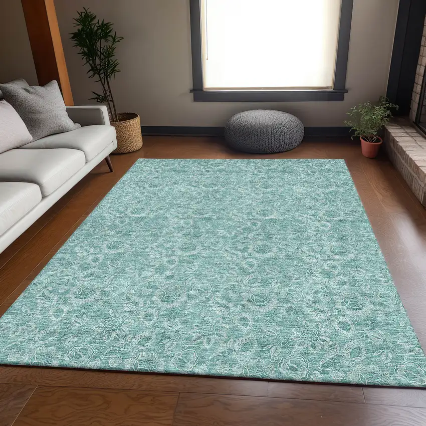 Teal And Ivory Floral Washable Area Rug With UV Protection Photo 4