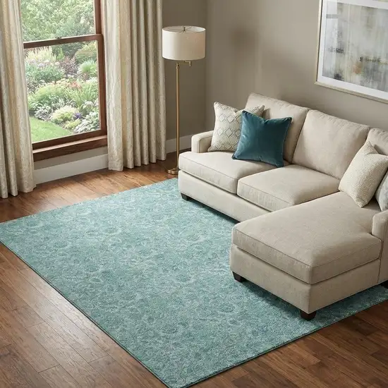 Teal And Ivory Floral Washable Area Rug With UV Protection Photo 1