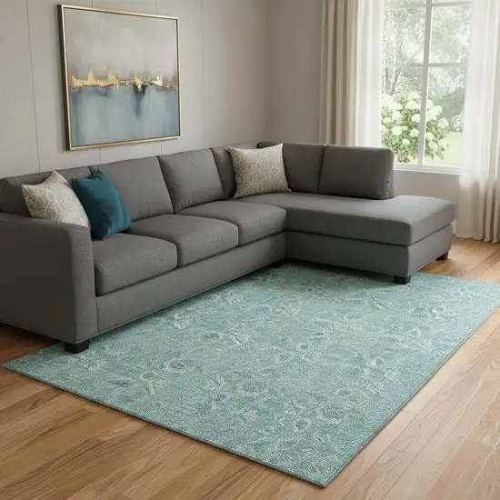 Teal And Ivory Floral Washable Area Rug With UV Protection Photo 1