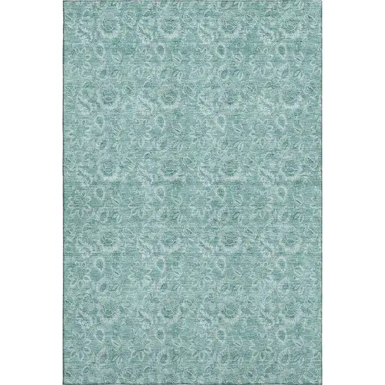 Teal And Ivory Floral Washable Area Rug With UV Protection Photo 2