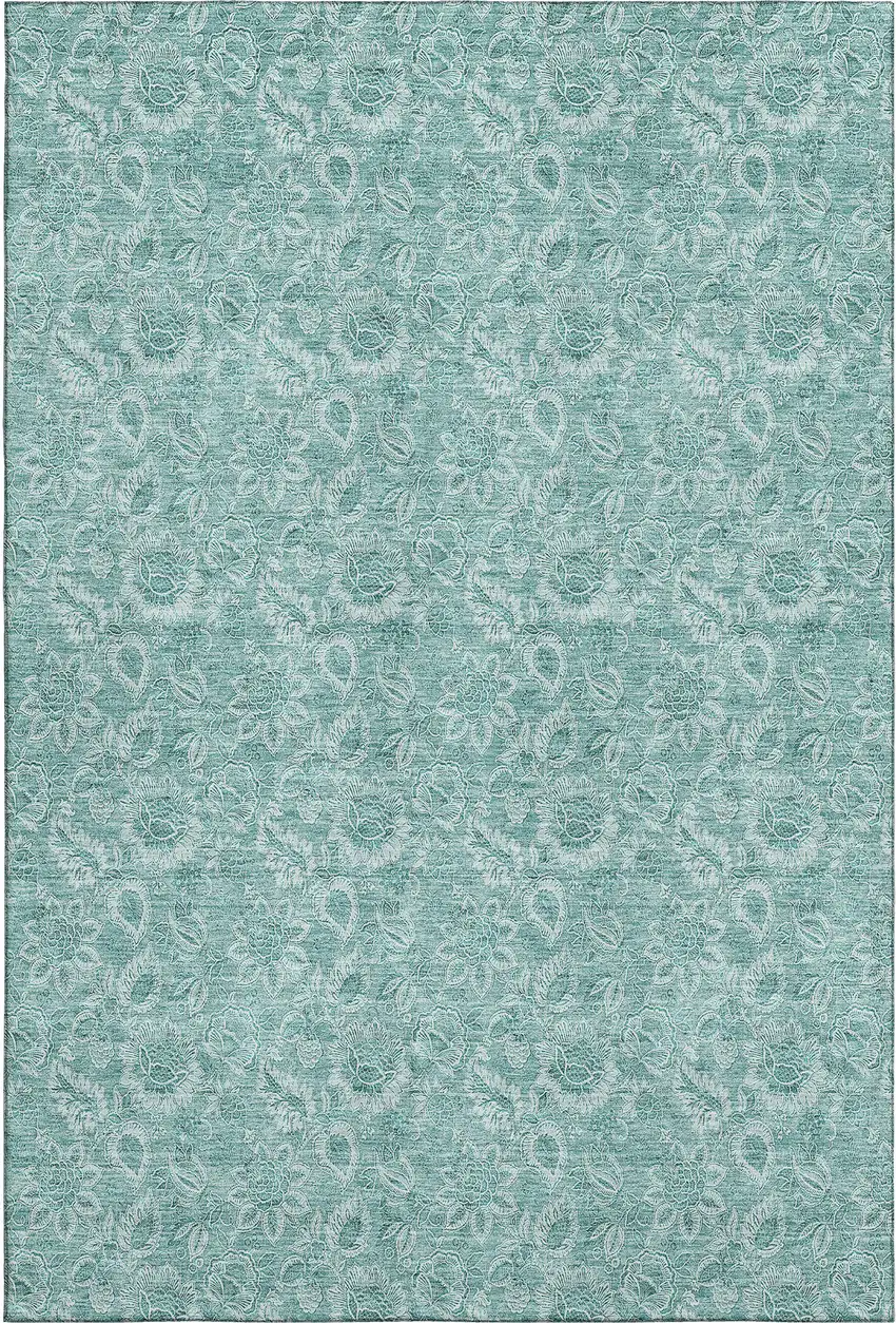 Teal And Ivory Floral Washable Area Rug With UV Protection Photo 2