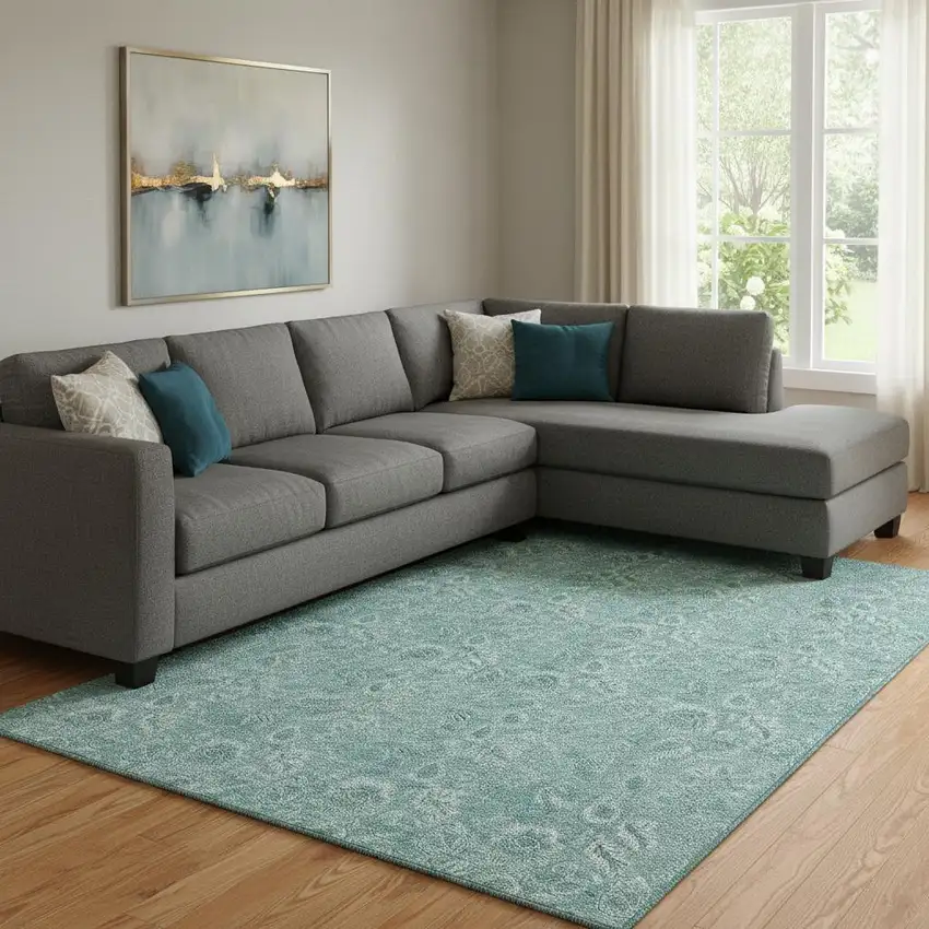 Teal And Ivory Floral Washable Area Rug With UV Protection Photo 1