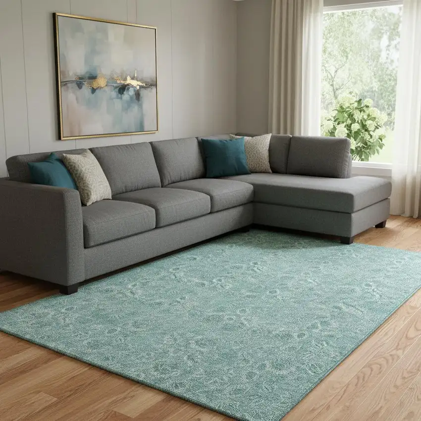 Teal And Ivory Floral Washable Area Rug With UV Protection Photo 1