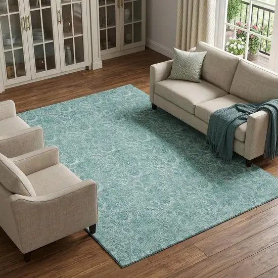 Teal And Ivory Floral Washable Area Rug With UV Protection Photo 1