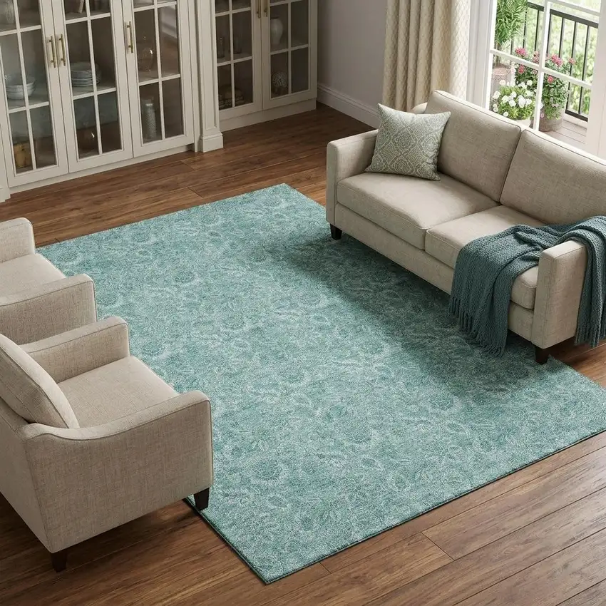 Teal And Ivory Floral Washable Area Rug With UV Protection Photo 1