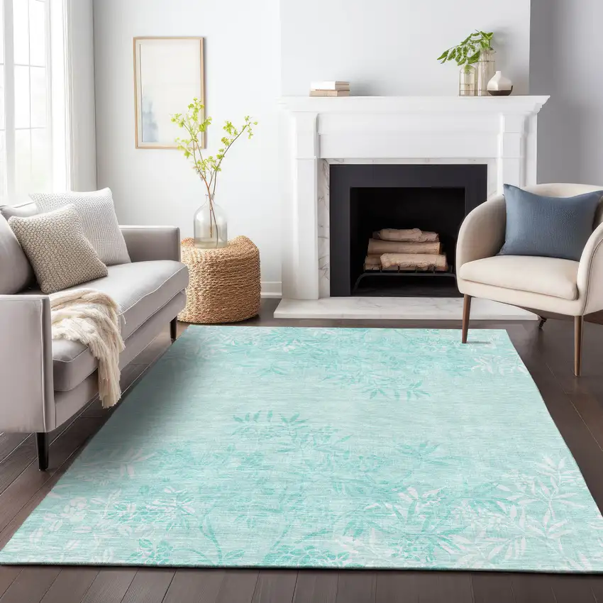 Teal And Ivory Floral Washable Area Rug With UV Protection Photo 4