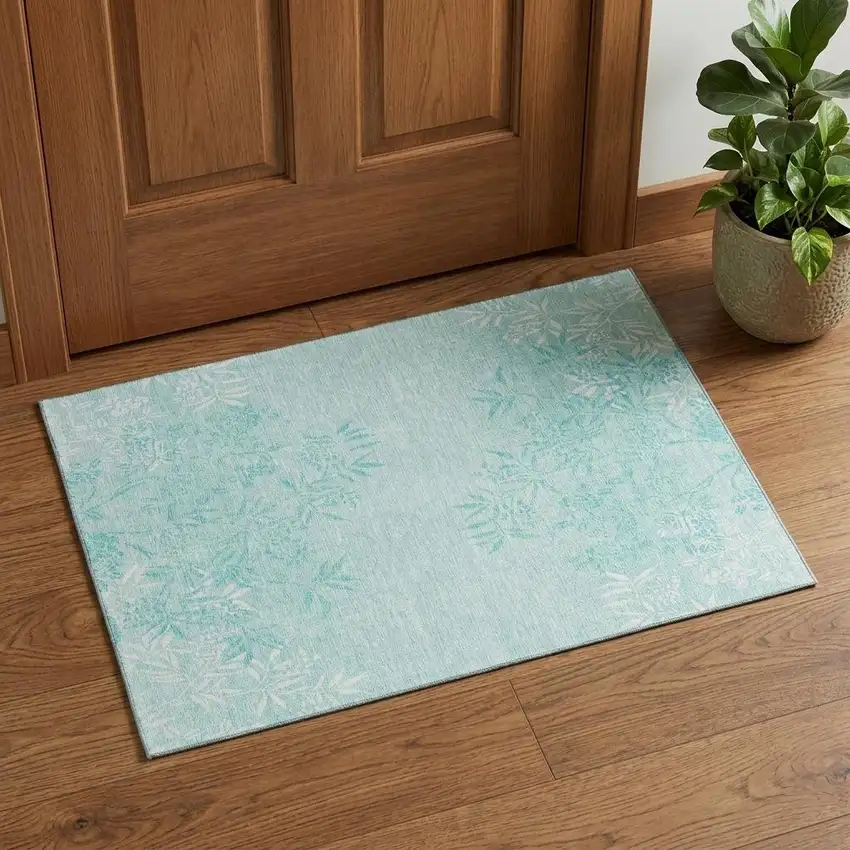 Teal And Ivory Floral Washable Area Rug With UV Protection Photo 1