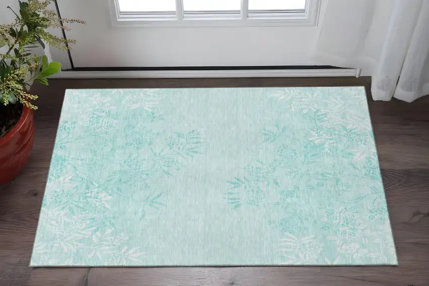 Teal And Ivory Floral Washable Area Rug With UV Protection Photo 2