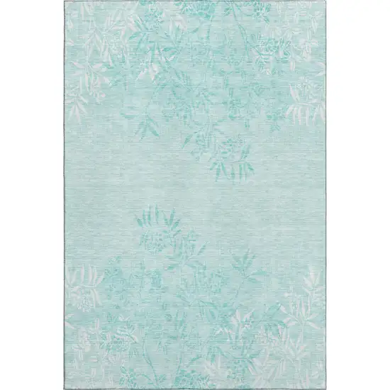 Teal And Ivory Floral Washable Area Rug With UV Protection Photo 1