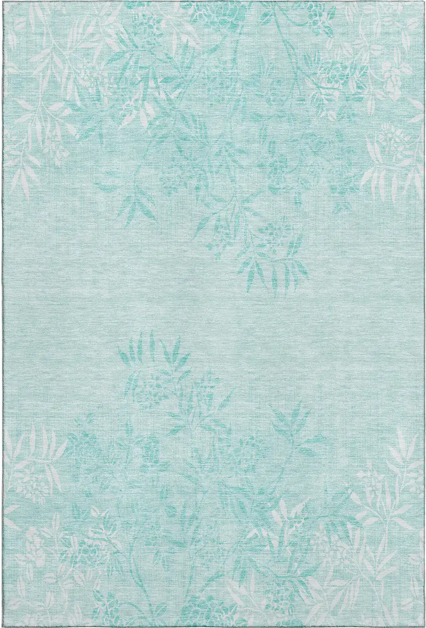 Teal And Ivory Floral Washable Area Rug With UV Protection Photo 1