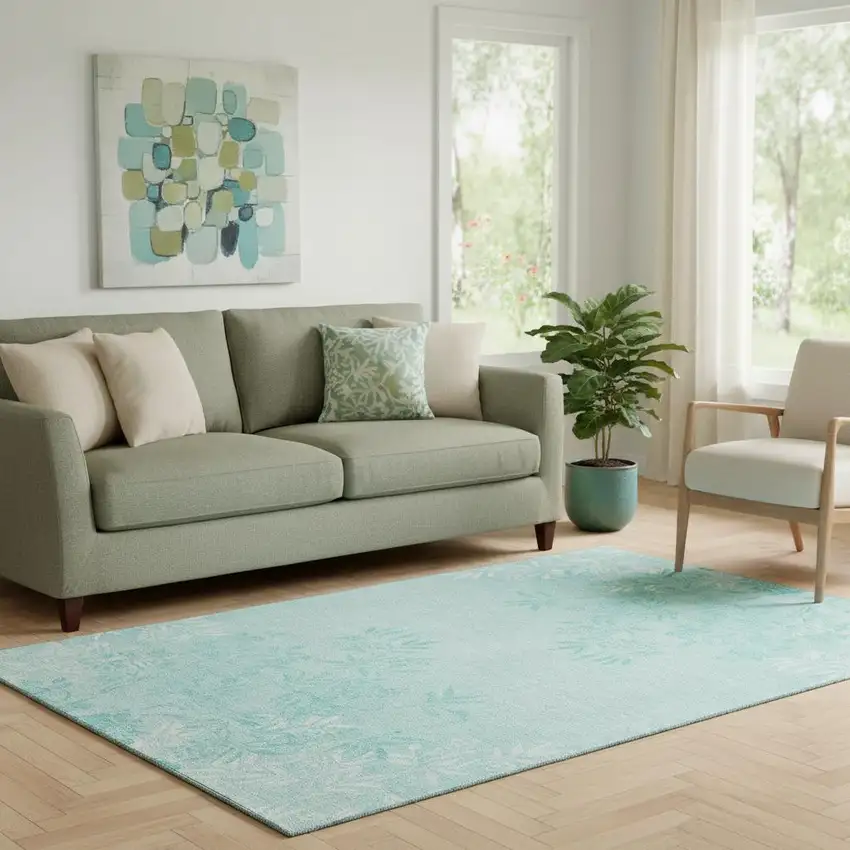 Teal And Ivory Floral Washable Area Rug With UV Protection Photo 1