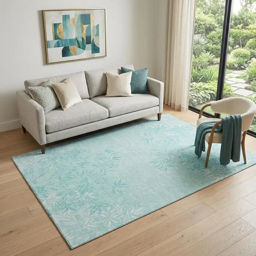 Teal And Ivory Floral Washable Area Rug With UV Protection Photo 1