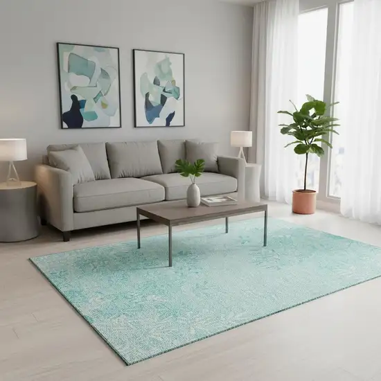 Teal And Ivory Floral Washable Area Rug With UV Protection Photo 1