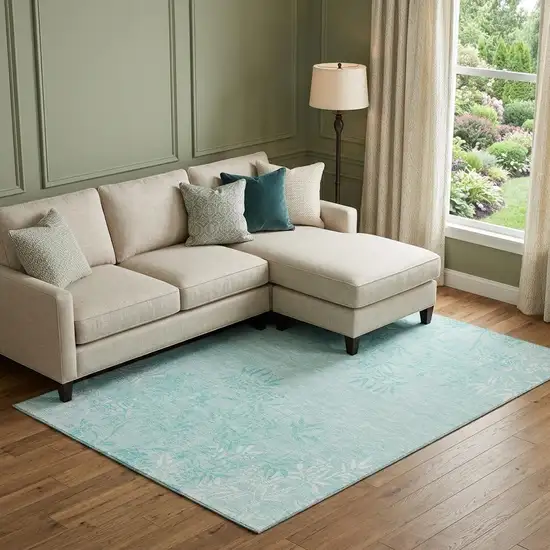 Teal And Ivory Floral Washable Area Rug With UV Protection Photo 1