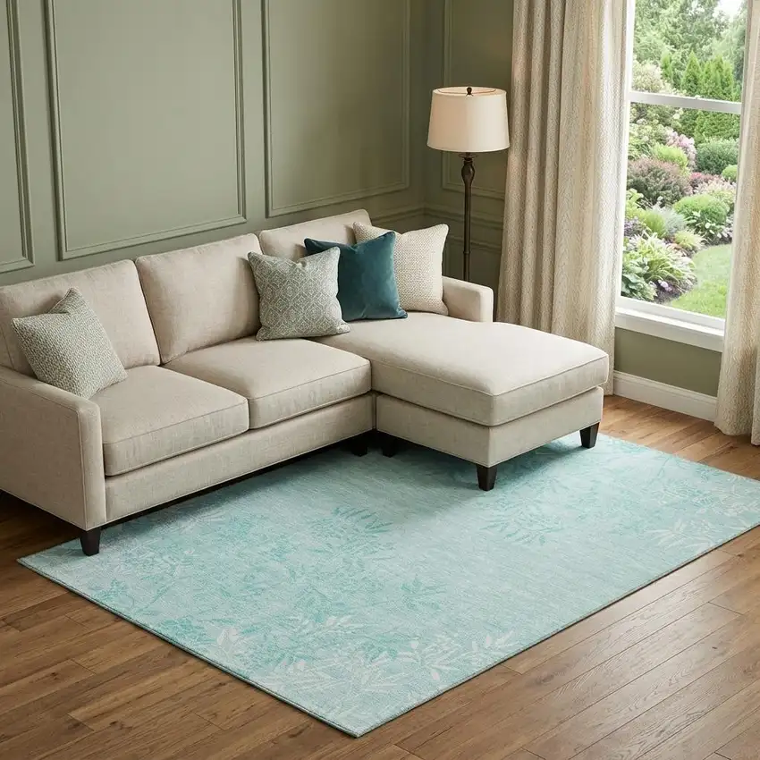 Teal And Ivory Floral Washable Area Rug With UV Protection Photo 1