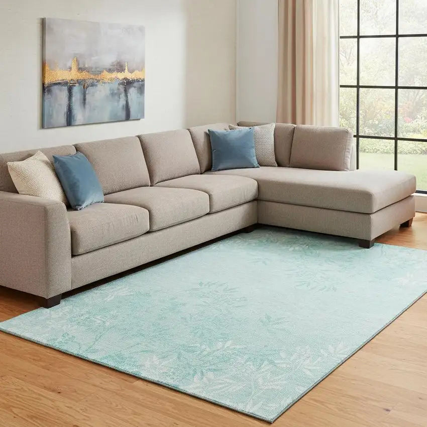 Teal And Ivory Floral Washable Area Rug With UV Protection Photo 1