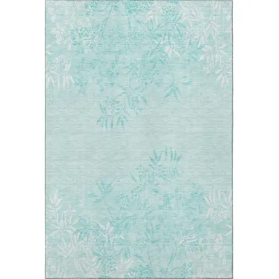 Teal And Ivory Floral Washable Area Rug With UV Protection Photo 4