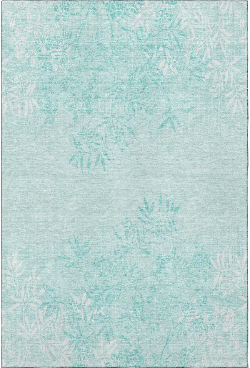 Teal And Ivory Floral Washable Area Rug With UV Protection Photo 4