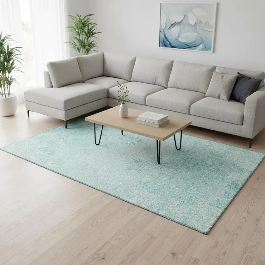 Teal And Ivory Floral Washable Area Rug With UV Protection Photo 1