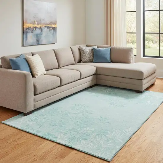 Teal And Ivory Floral Washable Area Rug With UV Protection Photo 1