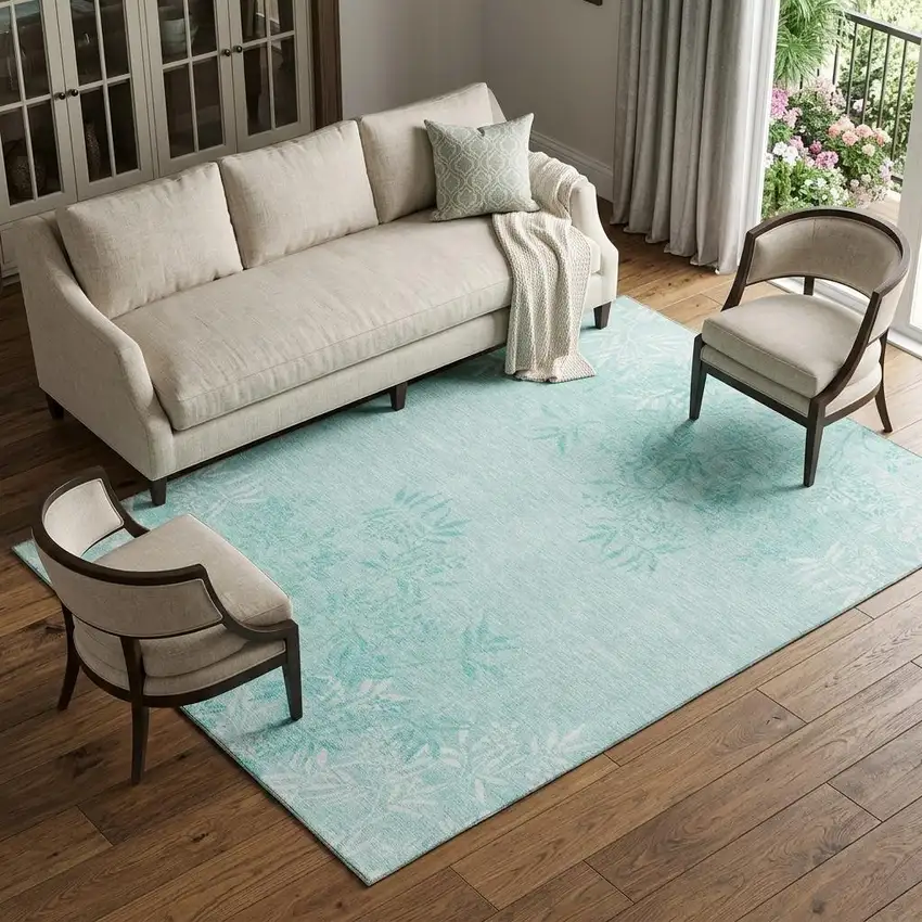 Teal And Ivory Floral Washable Area Rug With UV Protection Photo 1
