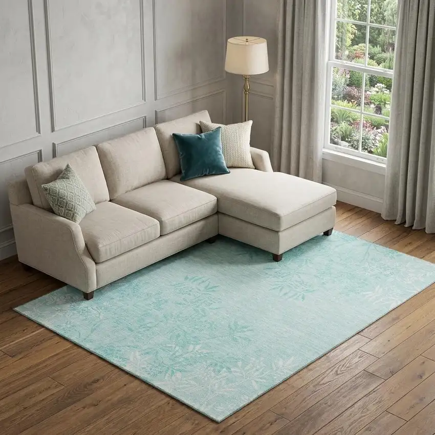 Teal And Ivory Floral Washable Area Rug With UV Protection Photo 1