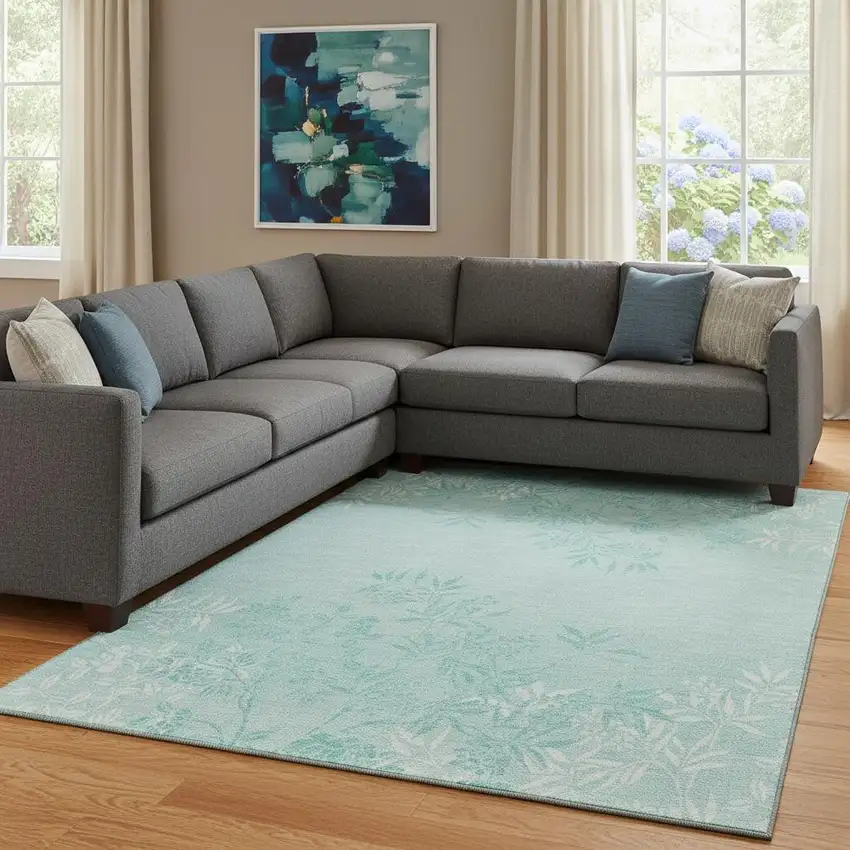 Teal And Ivory Floral Washable Area Rug With UV Protection Photo 1