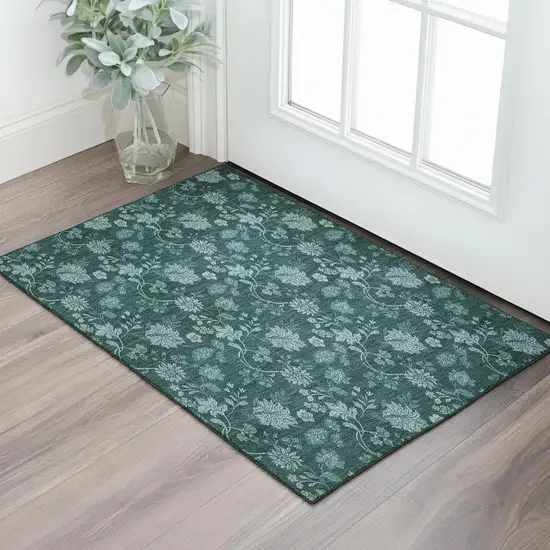 Teal And Ivory Floral Washable Area Rug With UV Protection Photo 1